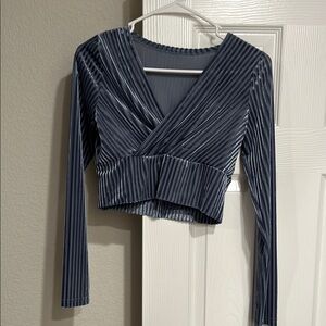 SHEIN Blue Ribbed Wrap Crop Blouse